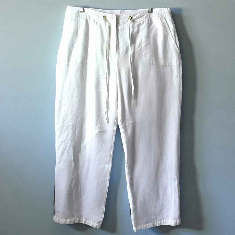 White Linen Paperbag Pants L XL Wide Leg Ankle Coastal Minimalist